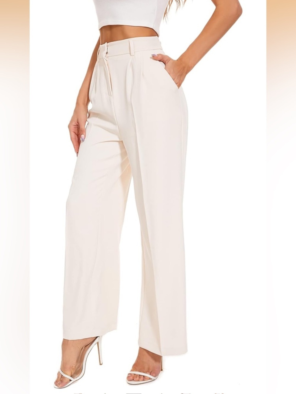 FUNYYZO Cream Wide Leg Pleated Work Pants Small NWOT Elastic Back - Picture 2 of 5